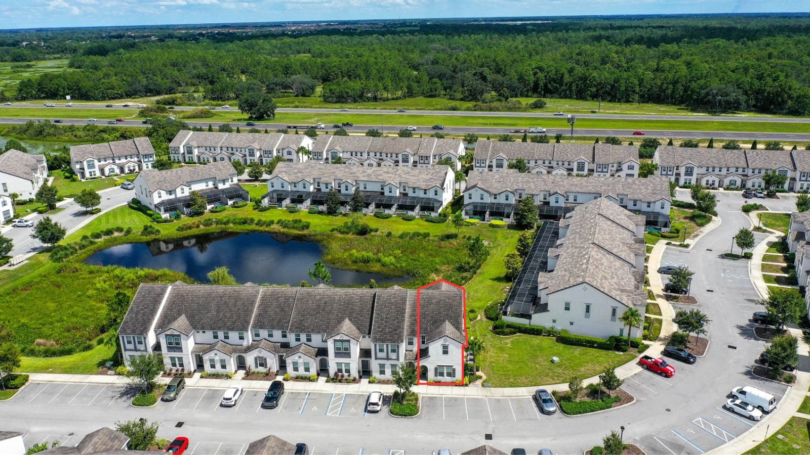 drone shot of end townhome in community